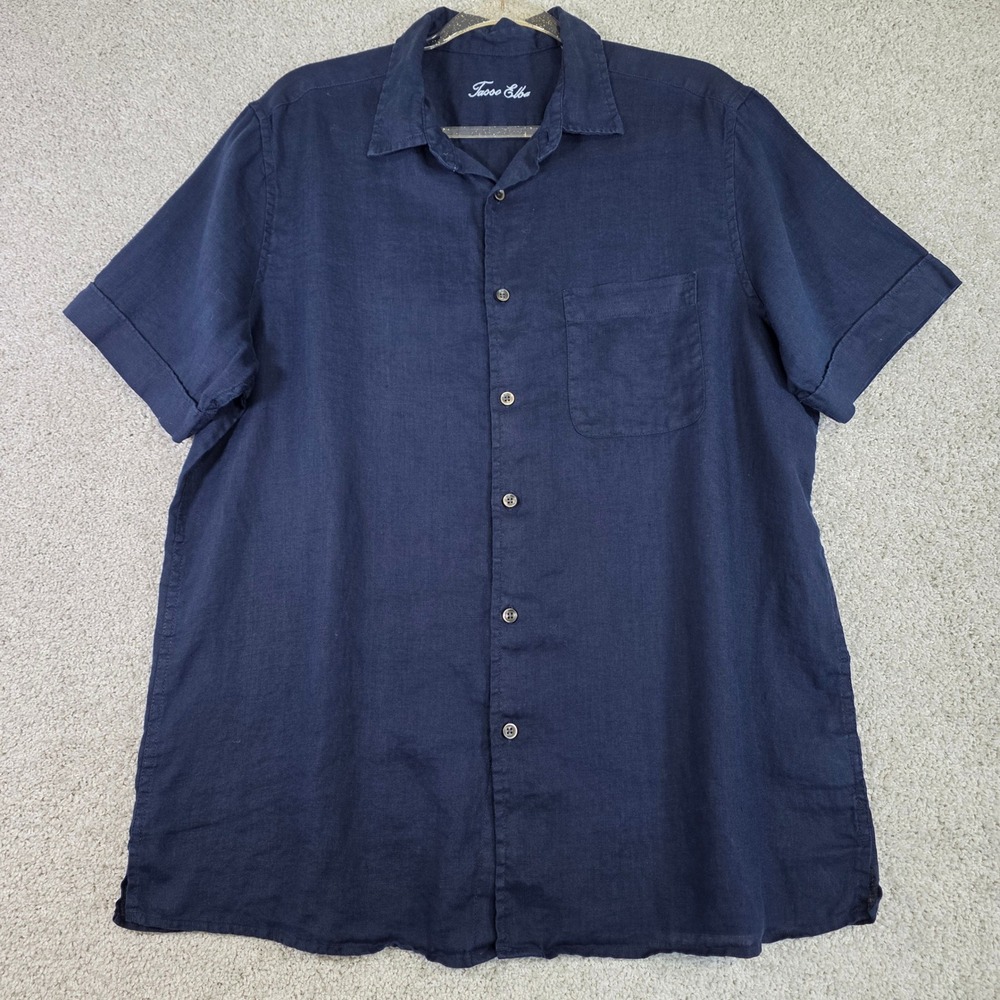 Tasso Elba Mens L 100% Linen Island Short Sleeve Button Up Shirt Navy Cuffed